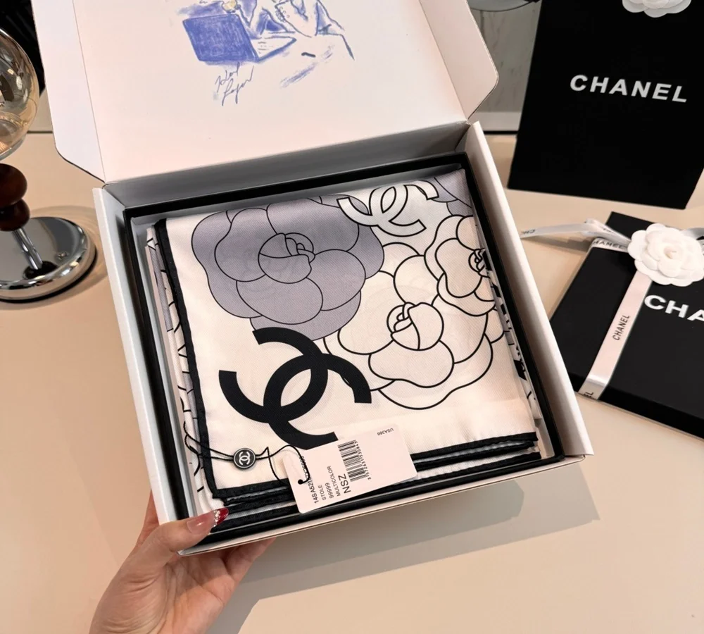 Chanel Camellia & CC Logo Silk Scarf